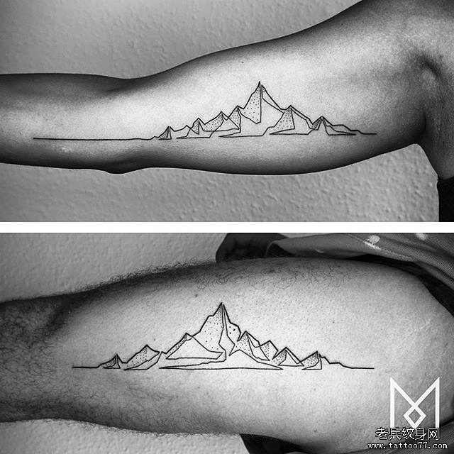 男士大臂线条山脉纹身图案