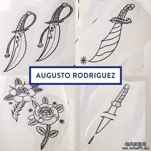 欧美各种匕首玫瑰纹身图案手稿