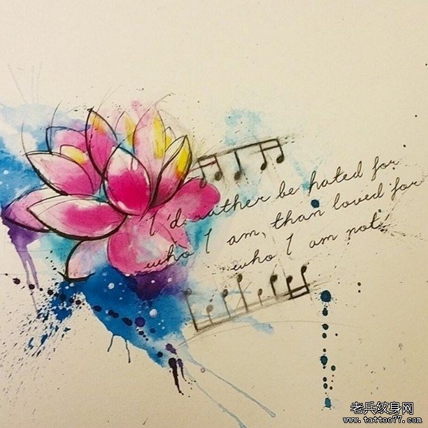 水彩莲花音符字母纹身图案手稿