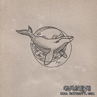 小清新鲸鱼浪花点刺几何纹身图案手稿