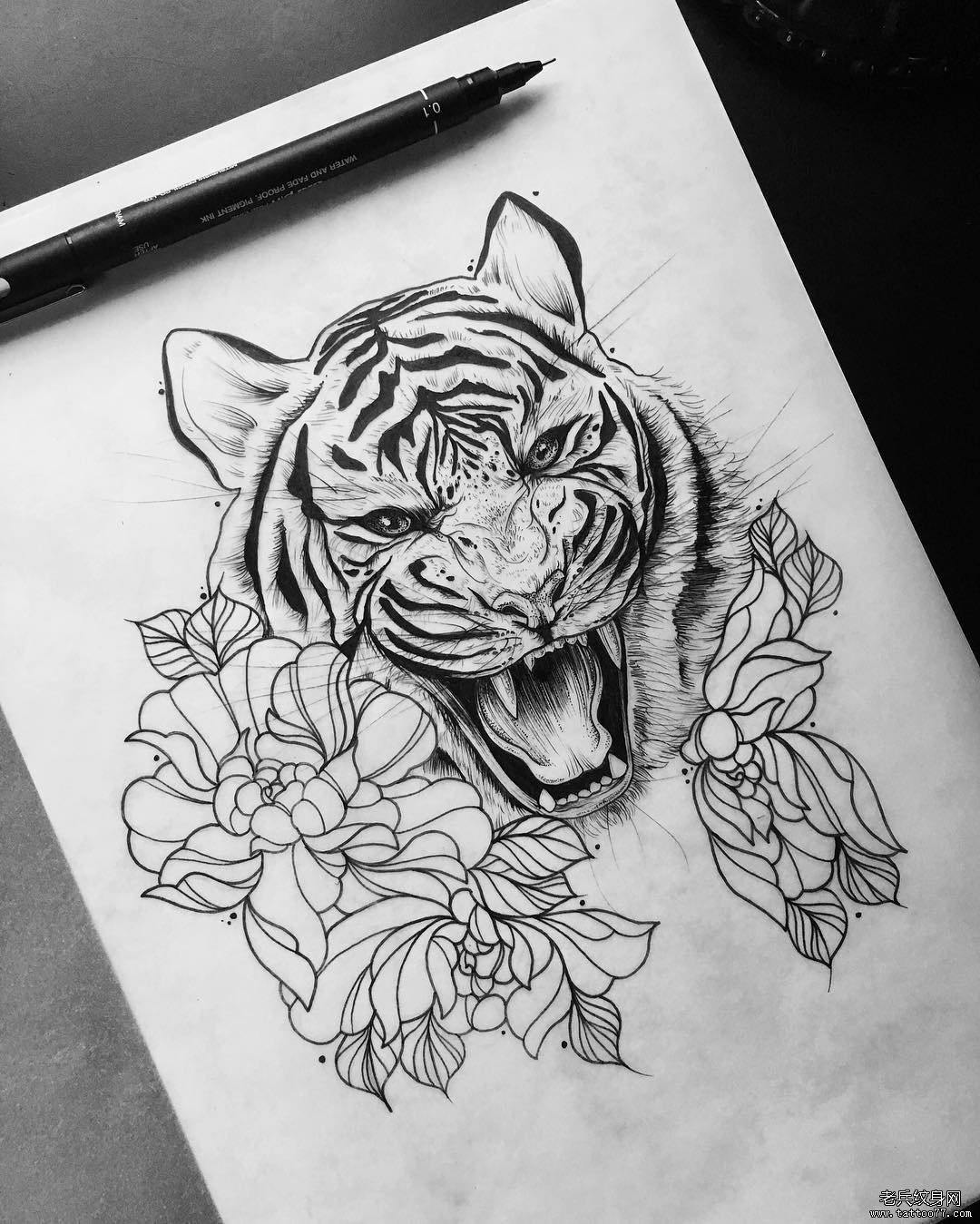 欧美写实老虎花蕊纹身图案手稿