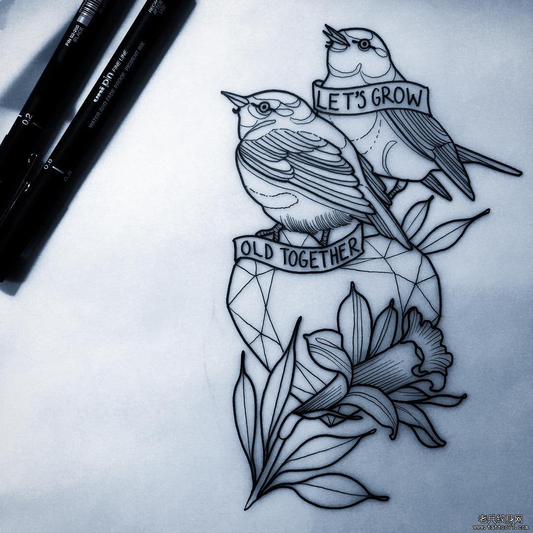 school 爱心英文字母鸟纹身图案手稿