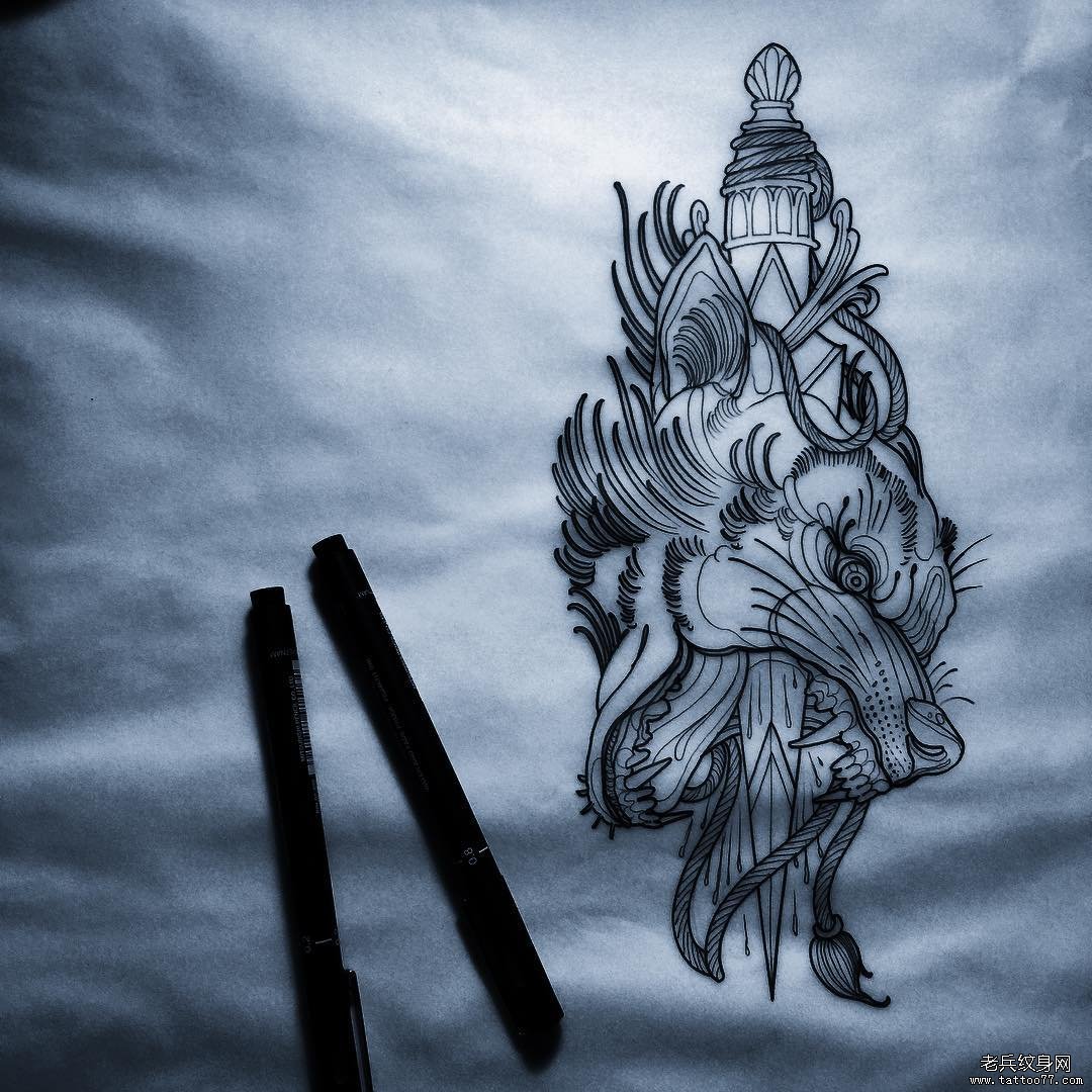 old school狼头匕首纹身图案手稿