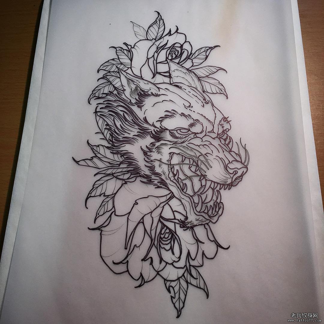 欧美school狼头花蕊纹身图案线条手稿