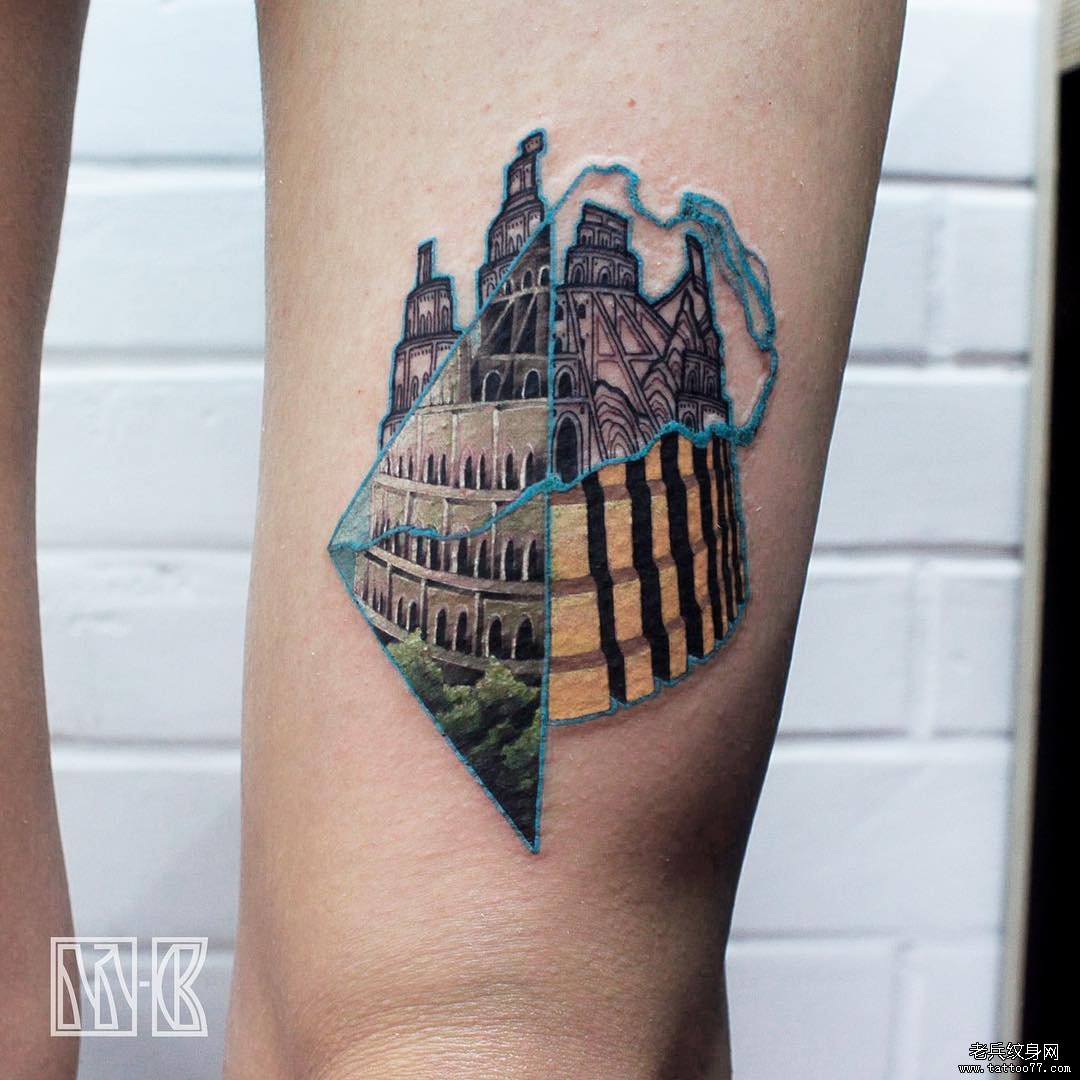 大腿彩绘new school风景纹身图案