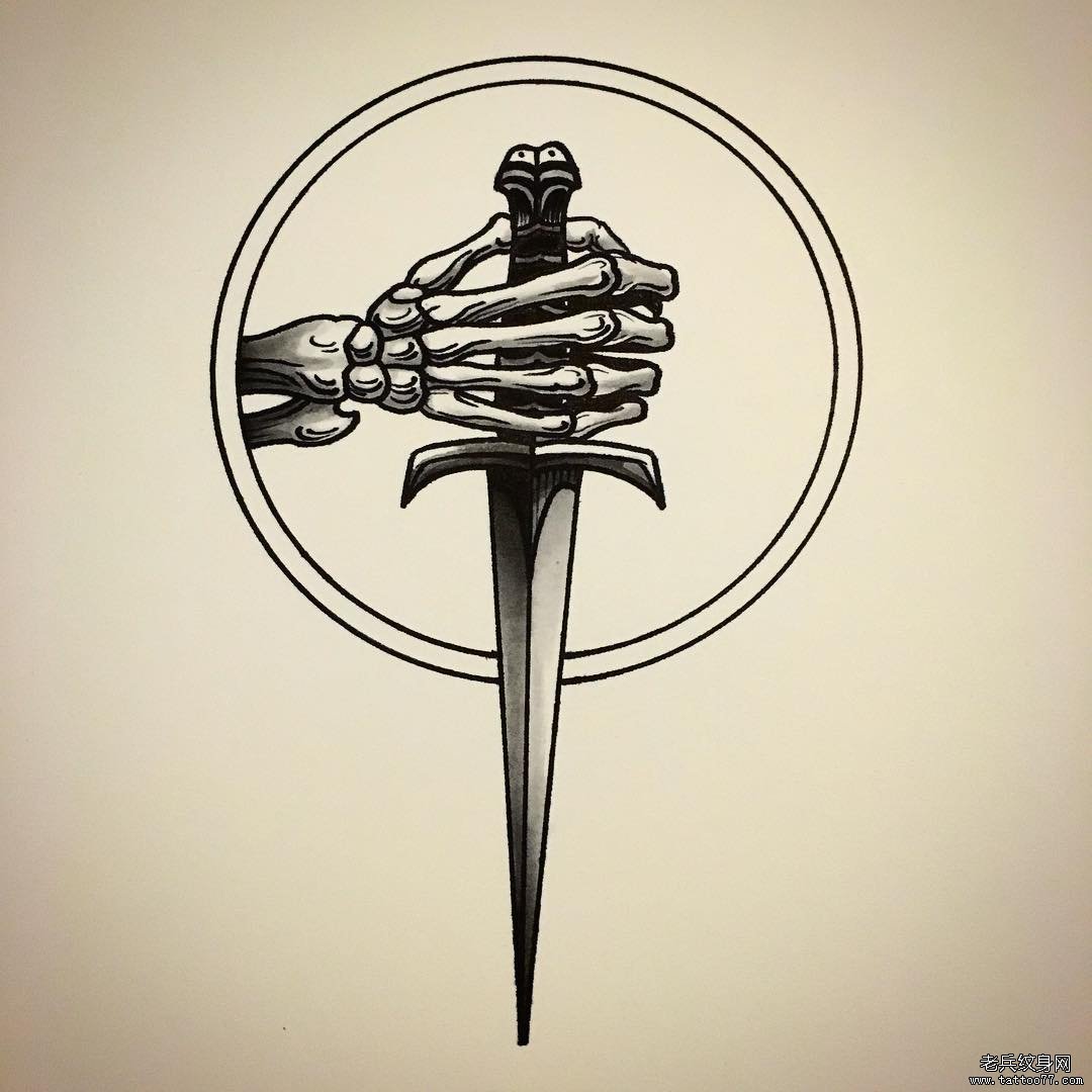 school几何骷髅手匕首纹身图案手稿