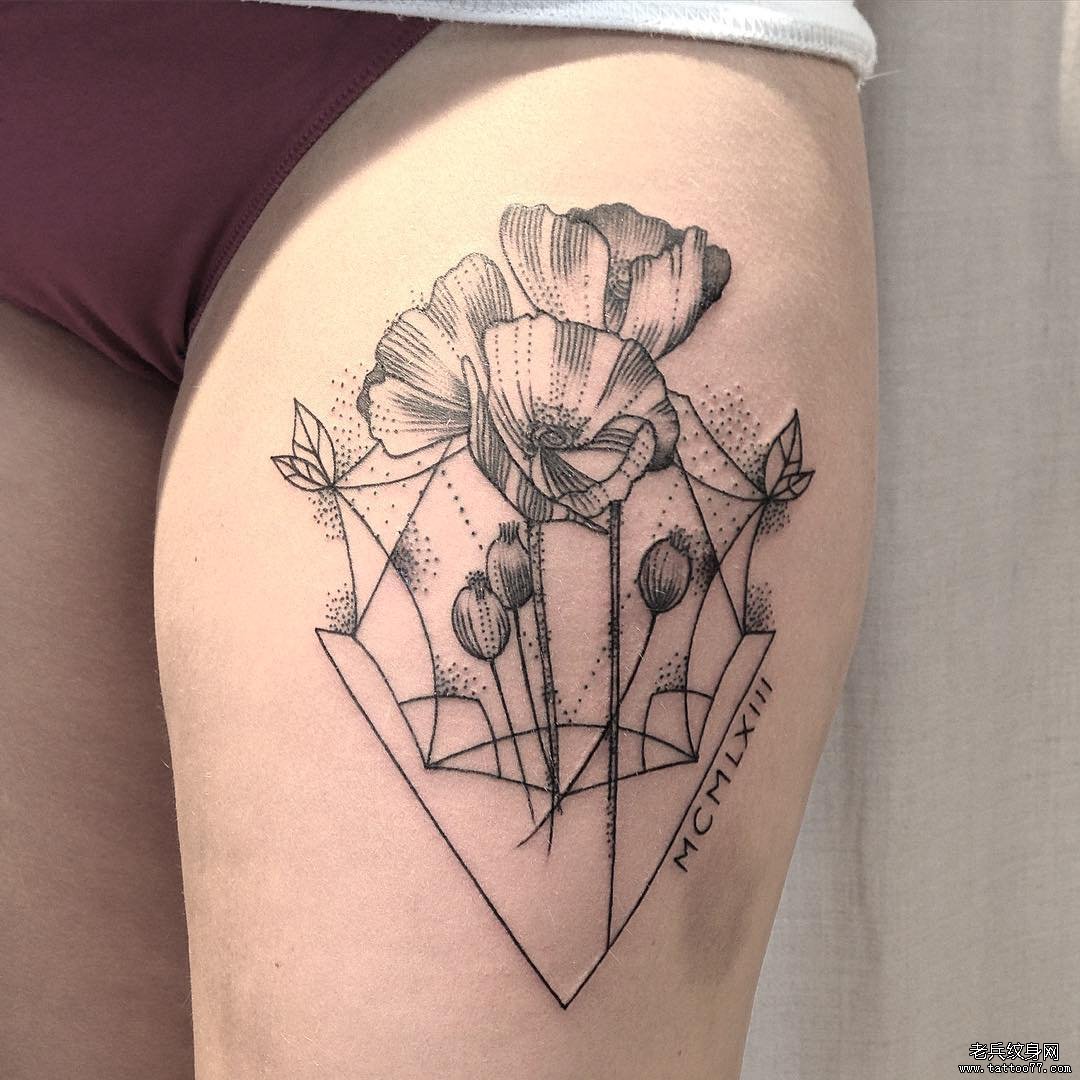 大腿小清新性感几何罂粟花纹身图案