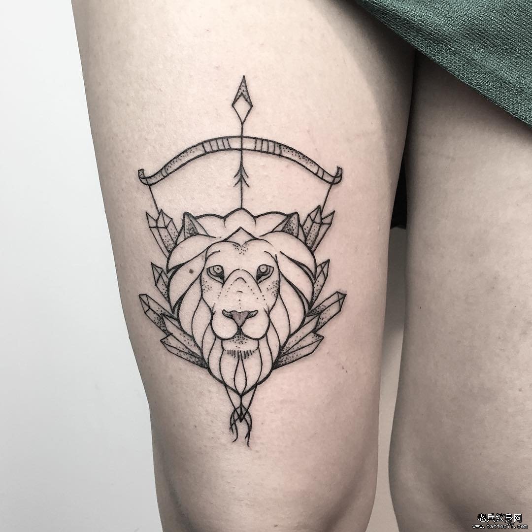 大腿狮子射手座点刺线条纹身图案