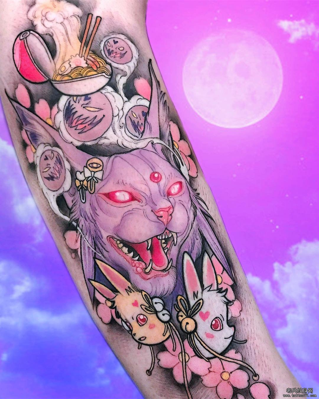 胳膊小清新面具樱花猫纹身图案