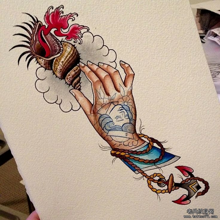 欧美new school手船锚海螺纹身图案手稿