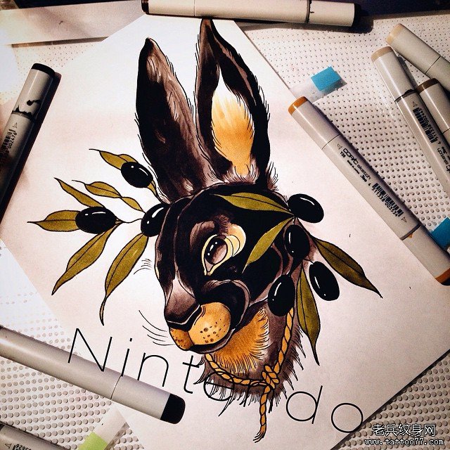 欧美new school个性的兔子纹身图案手稿