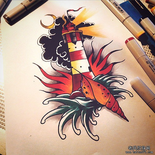 欧美school海螺月亮灯塔纹身图案手稿