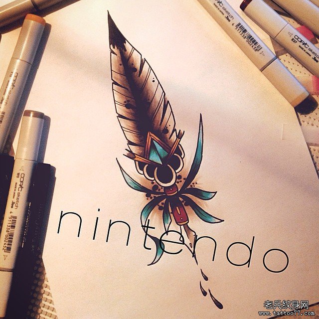 欧美 new school羽毛彩色纹身图案手稿