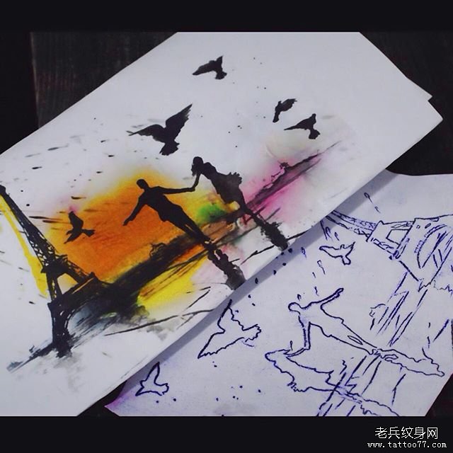 水彩泼墨意境风景人物纹身图案手稿