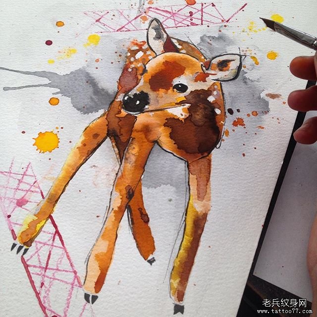 水彩泼墨小鹿纹身图案手稿