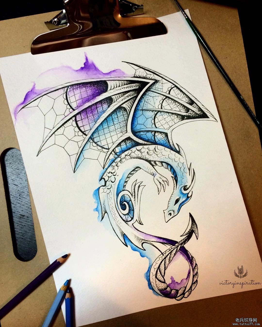 欧美水彩飞龙纹身图案手稿