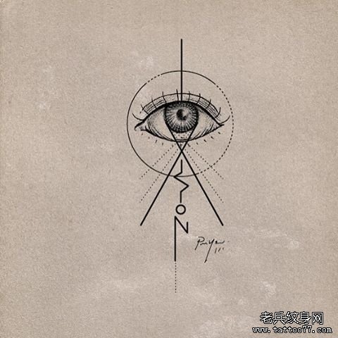 眼睛几何线条点刺纹身图案手稿