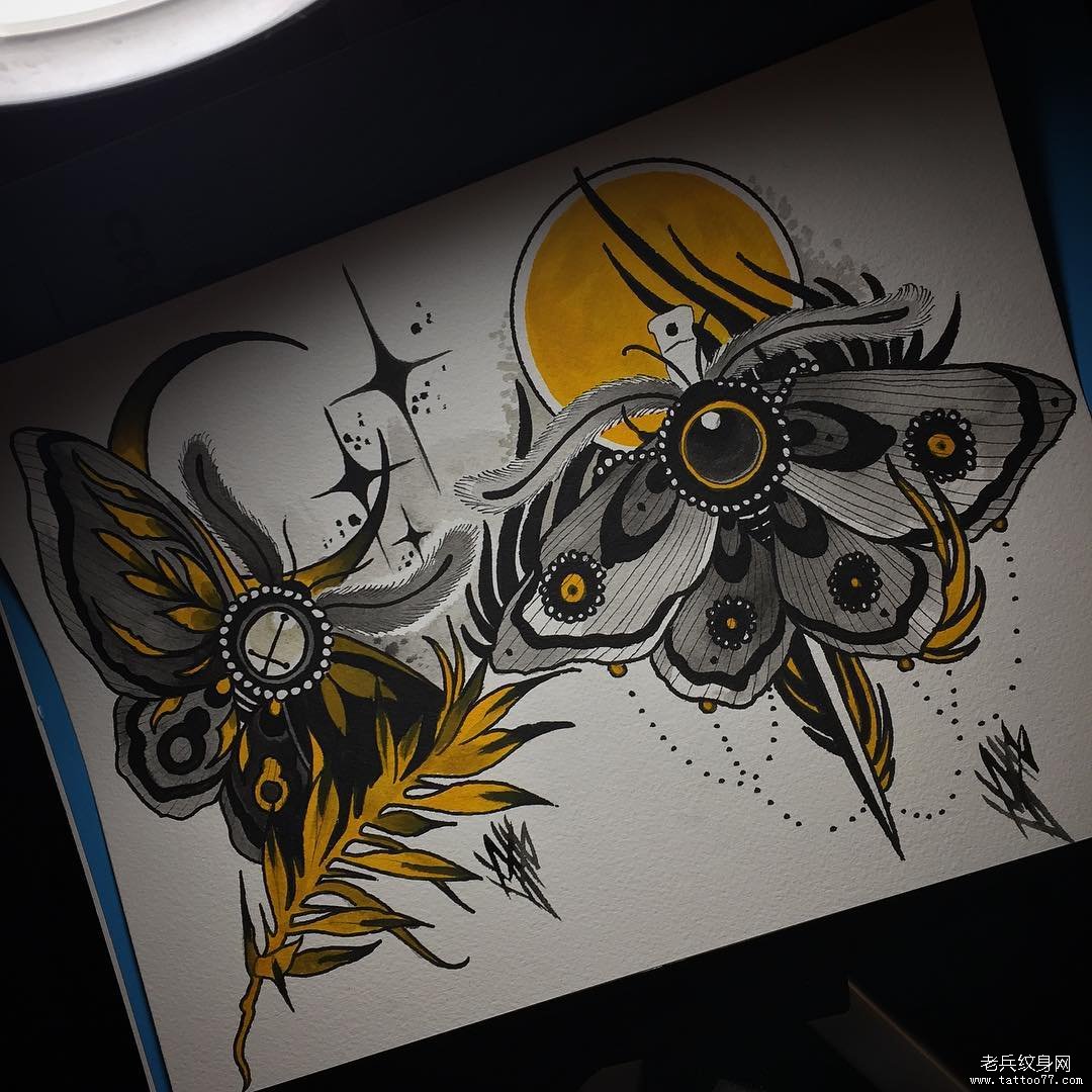 欧美school飞蛾月亮纹身图案手稿