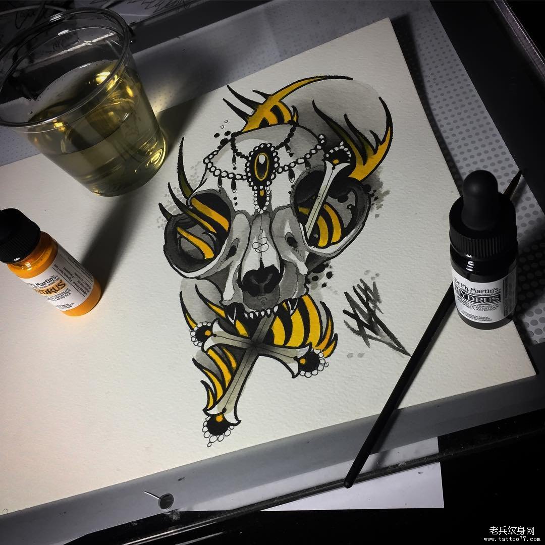 欧美school羊头骨骷髅纹身图案手稿