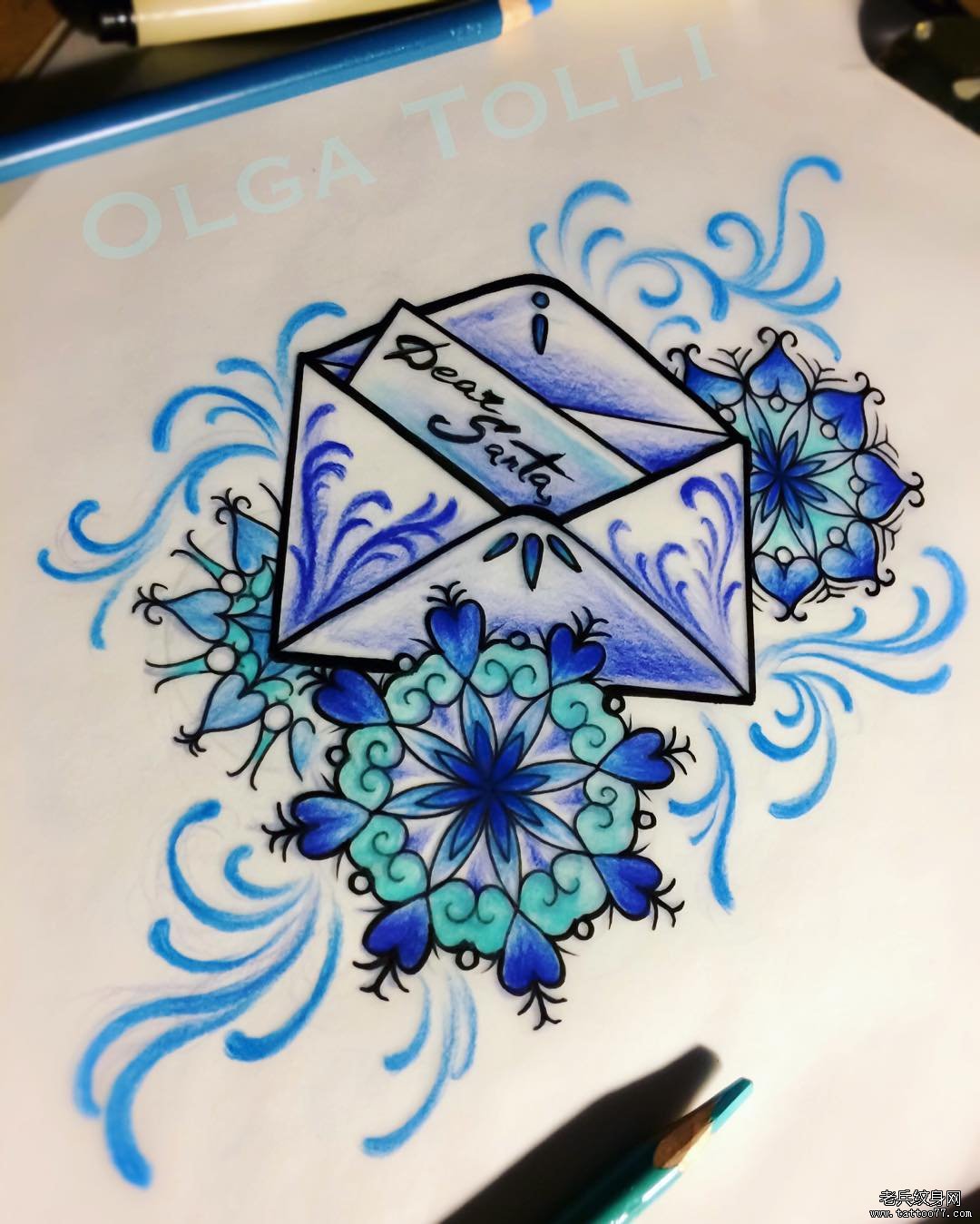 欧美school梵花信封纹身图案手稿