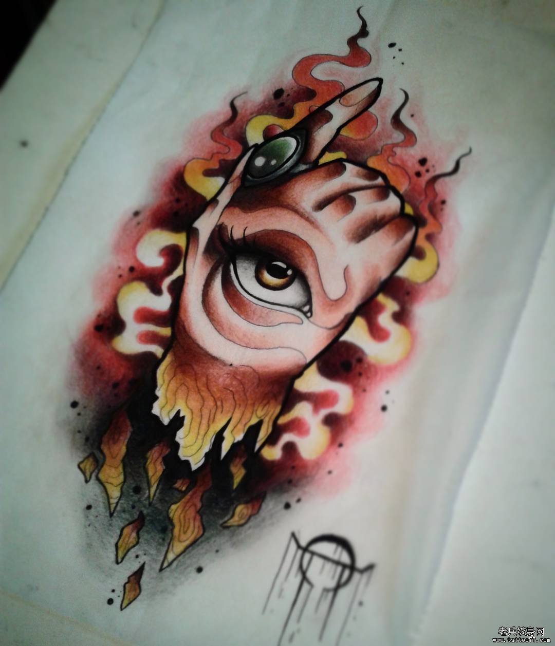 欧美new school眼睛手宝石纹身图案手稿