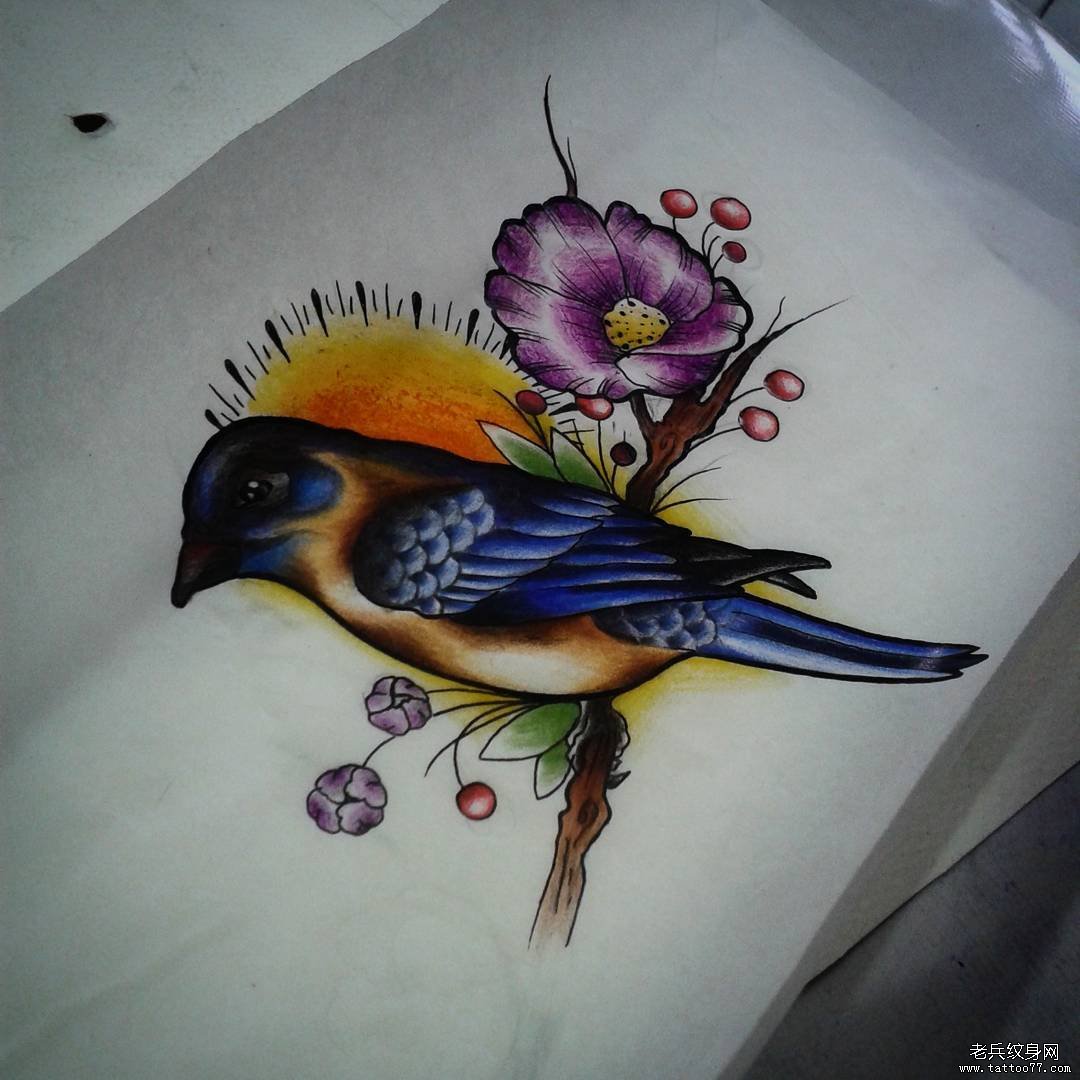 欧美school鸟花蕊纹身图案手稿