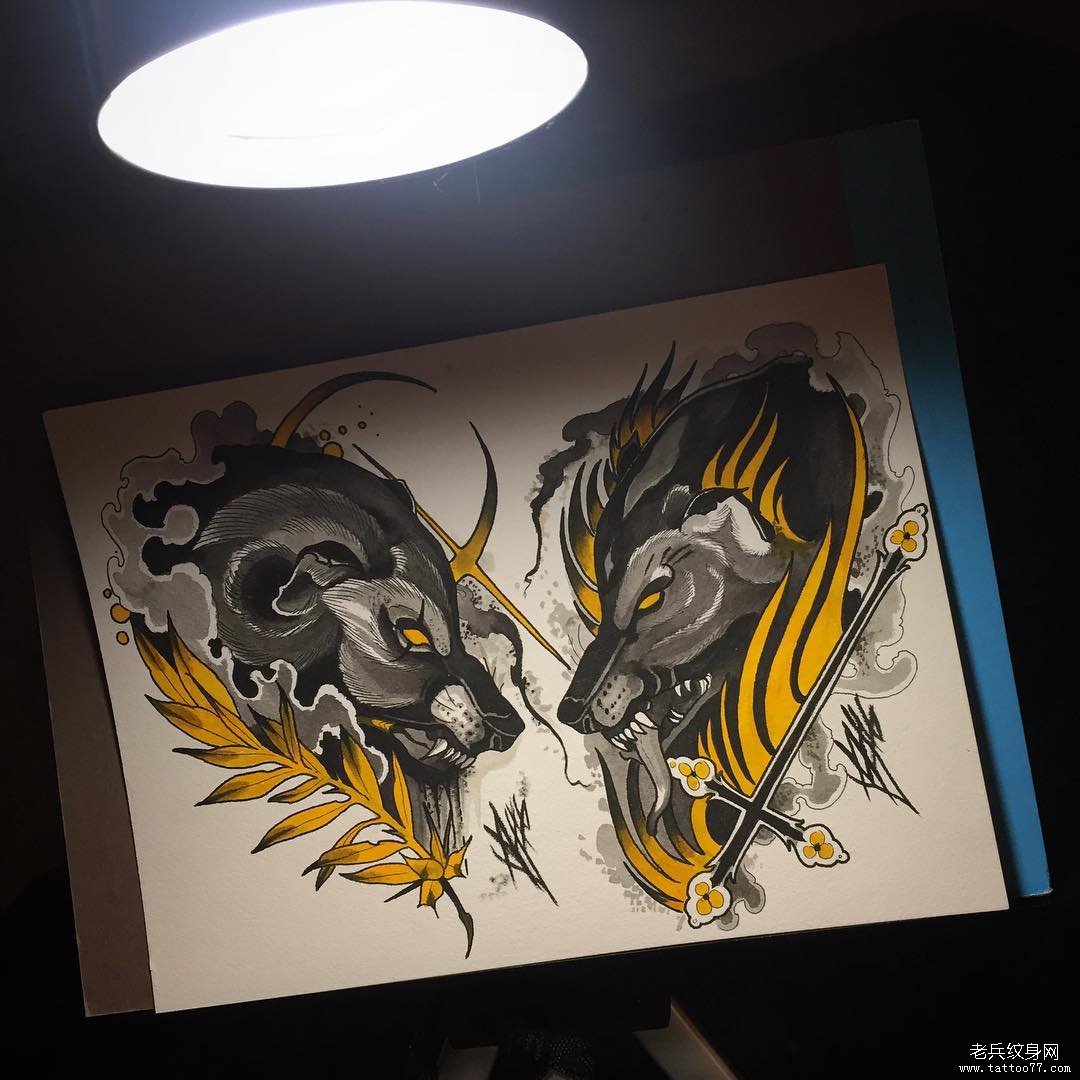 欧美school狼头个性彩色纹身图案手稿