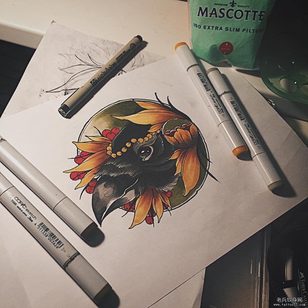 欧美乌鸦植物school纹身图案手稿