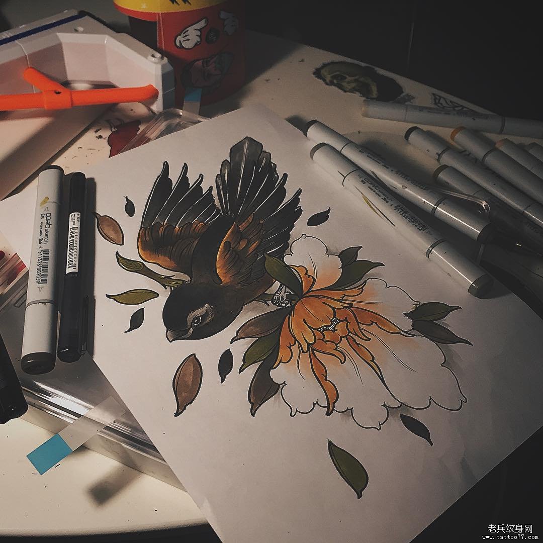 欧美school牡丹花鸟纹身图案手稿