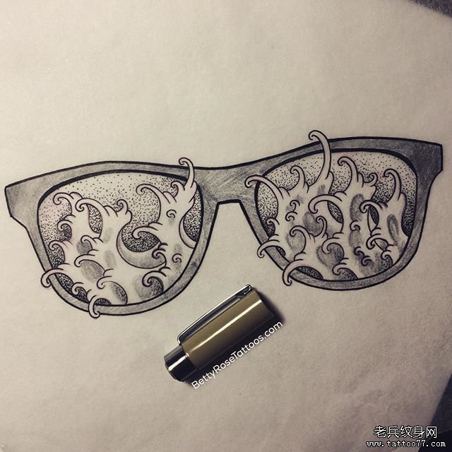 浪花眼镜点刺纹身图案手稿