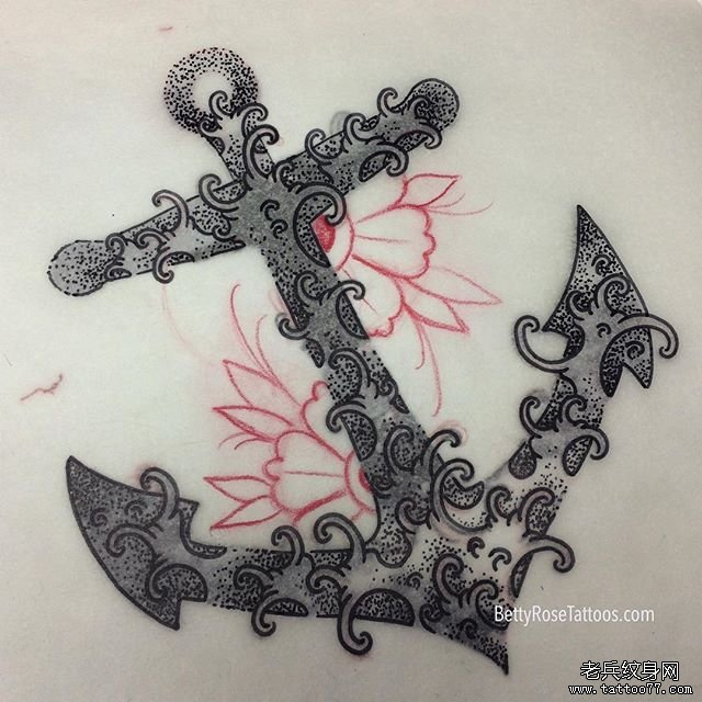 浪花点刺船锚纹身图案手稿