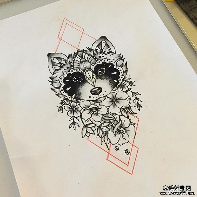 浣熊几何花蕊线条纹身图案手稿