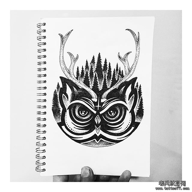 猫头鹰图腾点刺森林风景纹身图案手稿