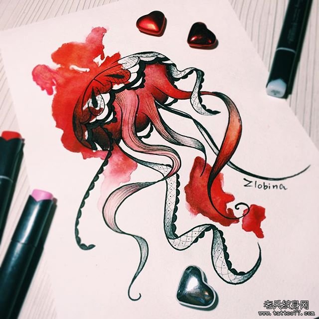 欧美泼墨彩色水母纹身图案手稿