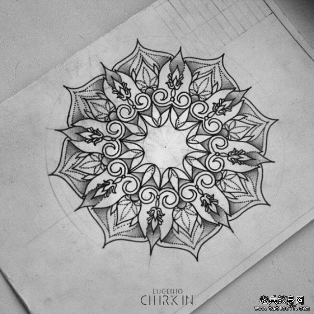 欧美曼陀罗梵花纹身图案手稿