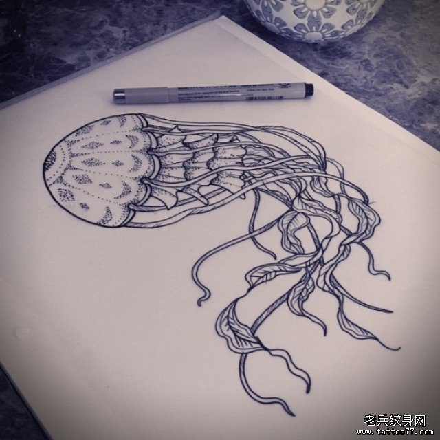 欧美school点刺水母tattoo纹身图案手稿