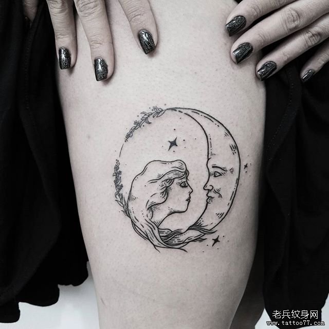 大腿月亮女郎小清新个性纹身图案