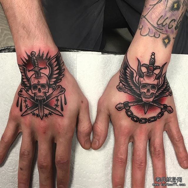 手背old school骷髅彩绘纹身图案