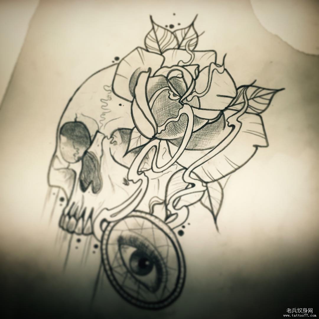 欧美school骷髅玫瑰眼睛纹身图案手稿