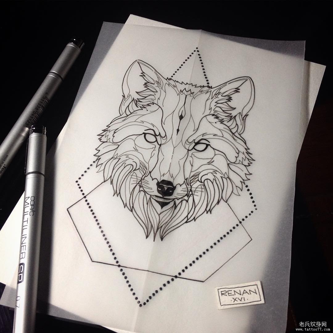 欧美狼头几何纹身图案school手稿