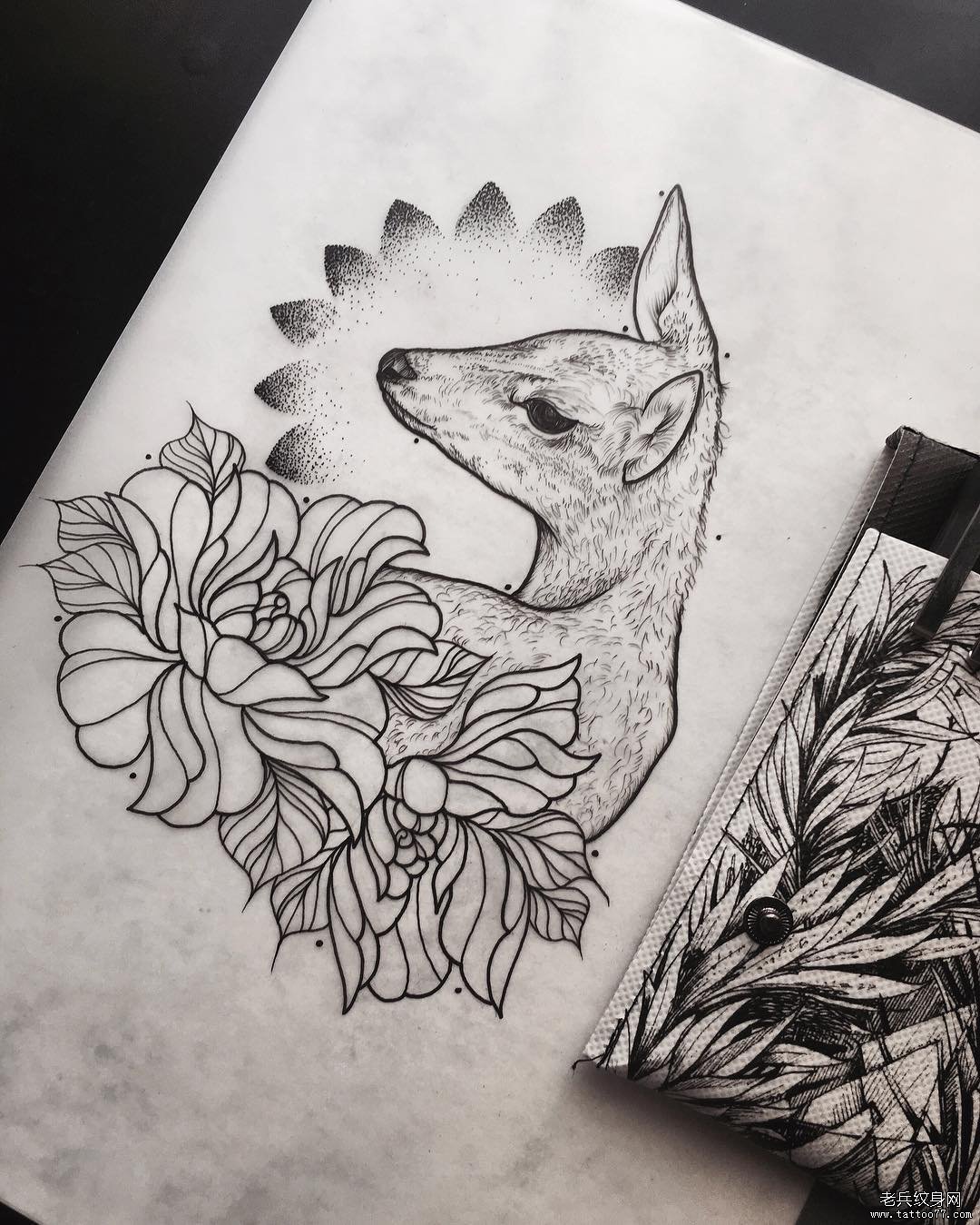 欧美school鹿花卉点刺纹身图案手稿