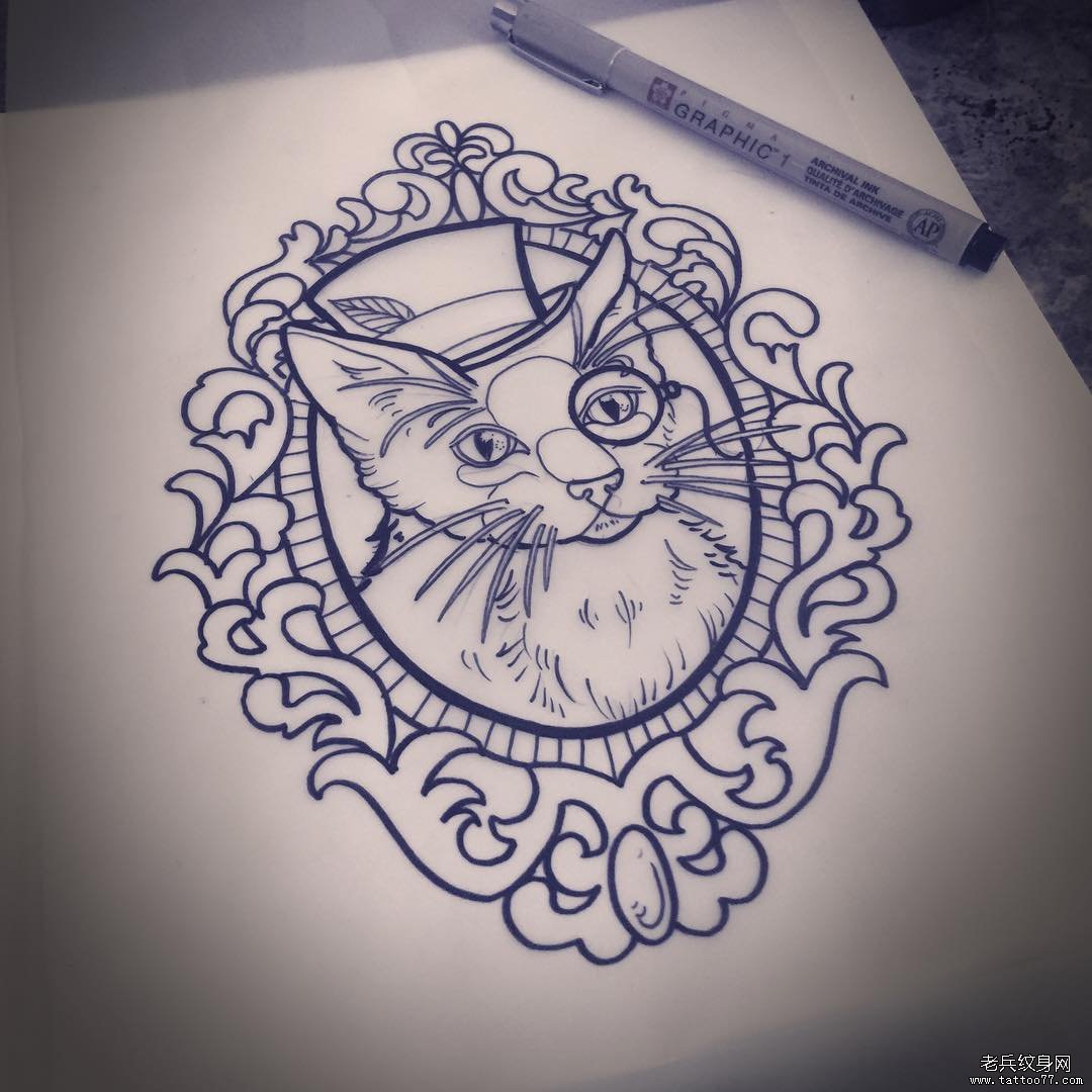 欧美school猫咪镜子纹身图案手稿