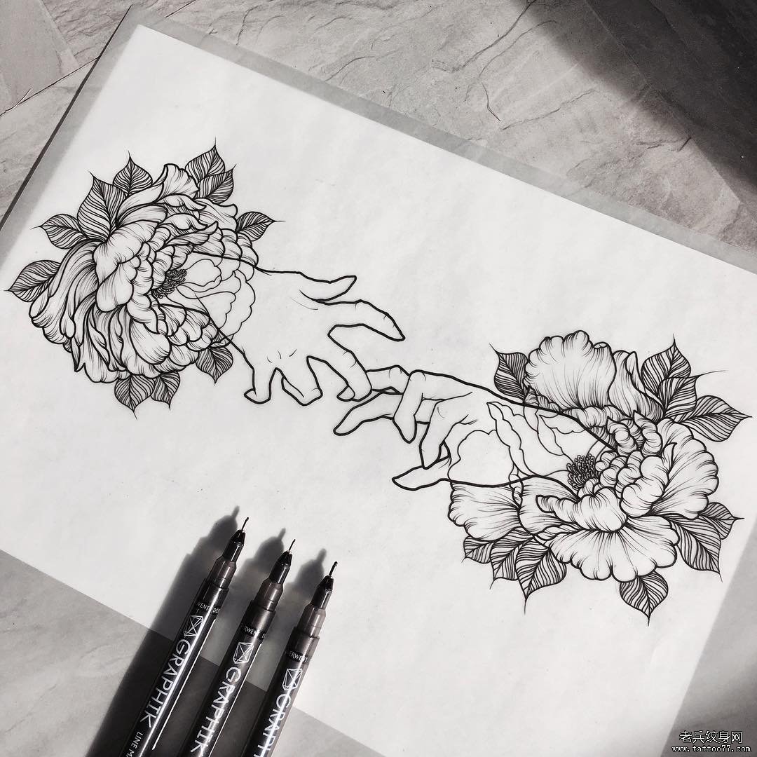 欧美school菊花手个性纹身图案手稿