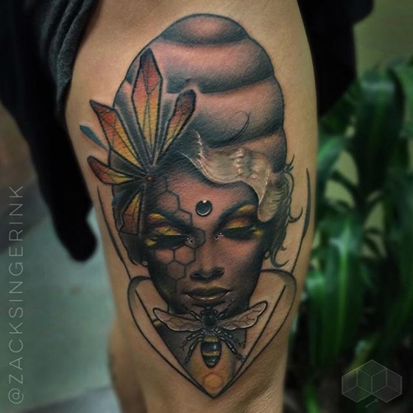 腿部彩色神秘女人纹身图案