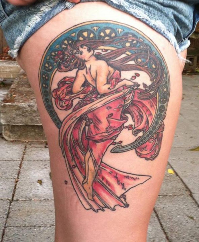 腿部旧绘画风格女人纹身图案