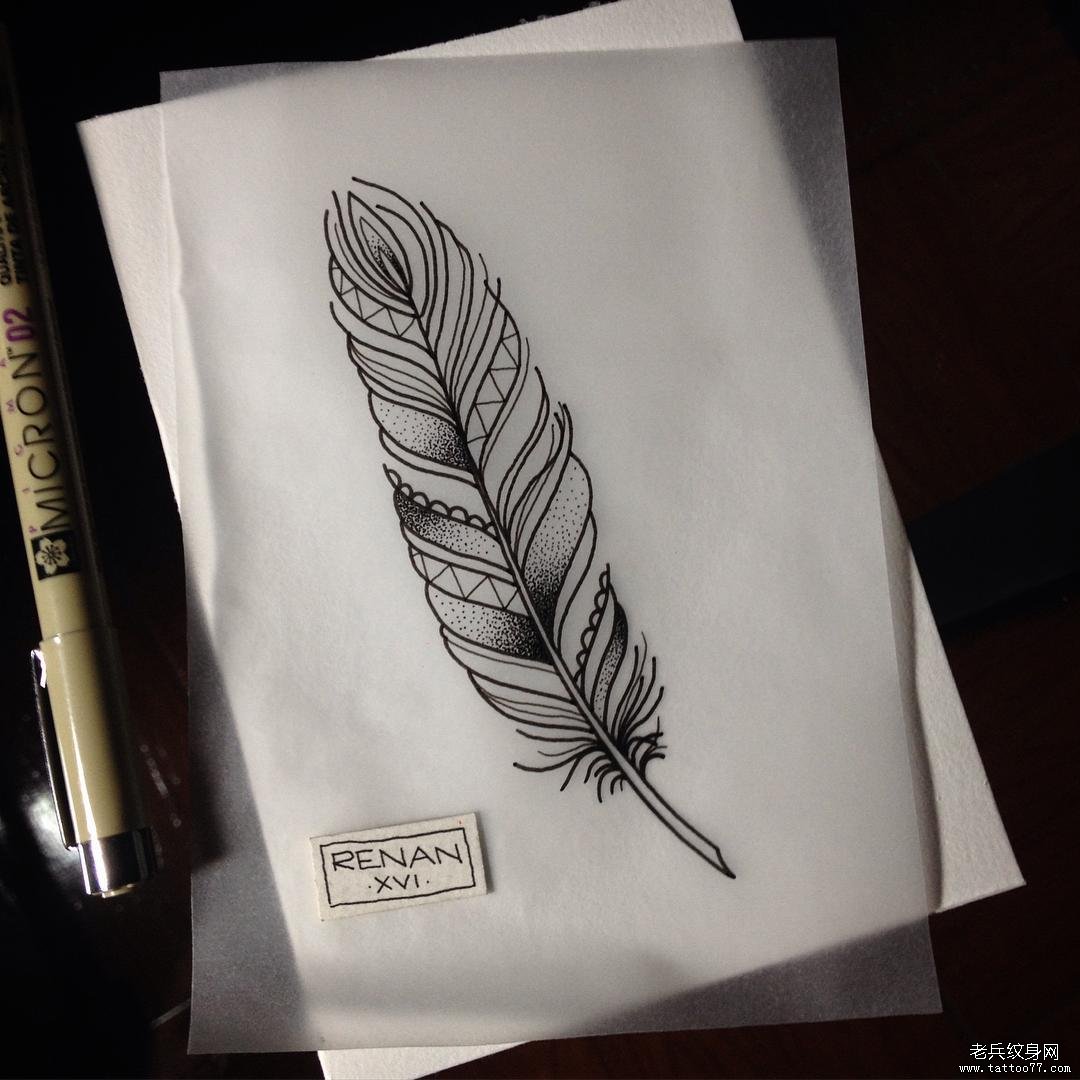 欧美school羽毛点刺纹身图案手稿