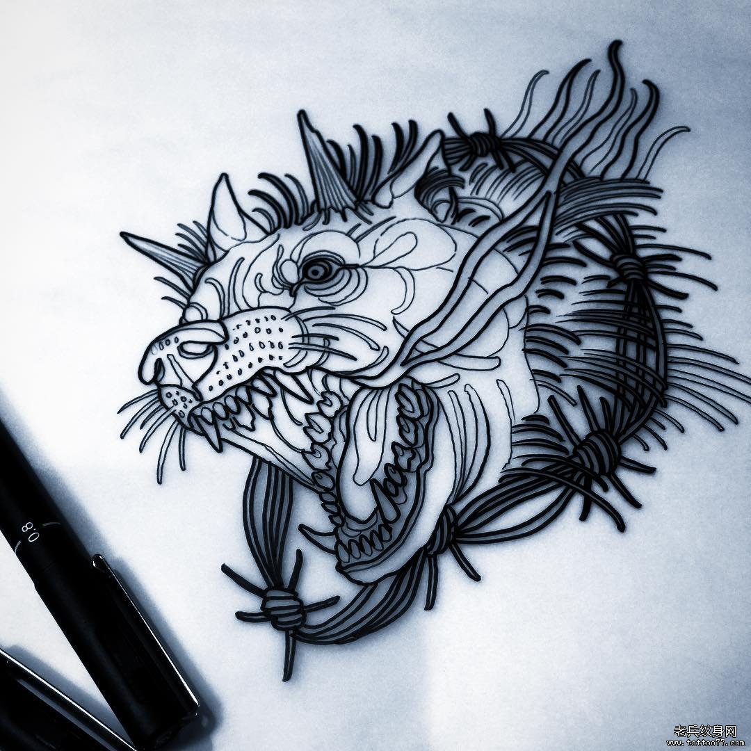 欧美狼头school线条纹身图案手稿
