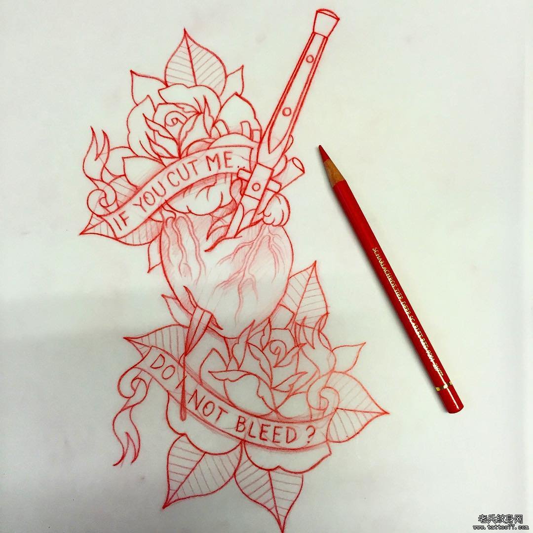 欧美school玫瑰心脏英文纹身图案手稿
