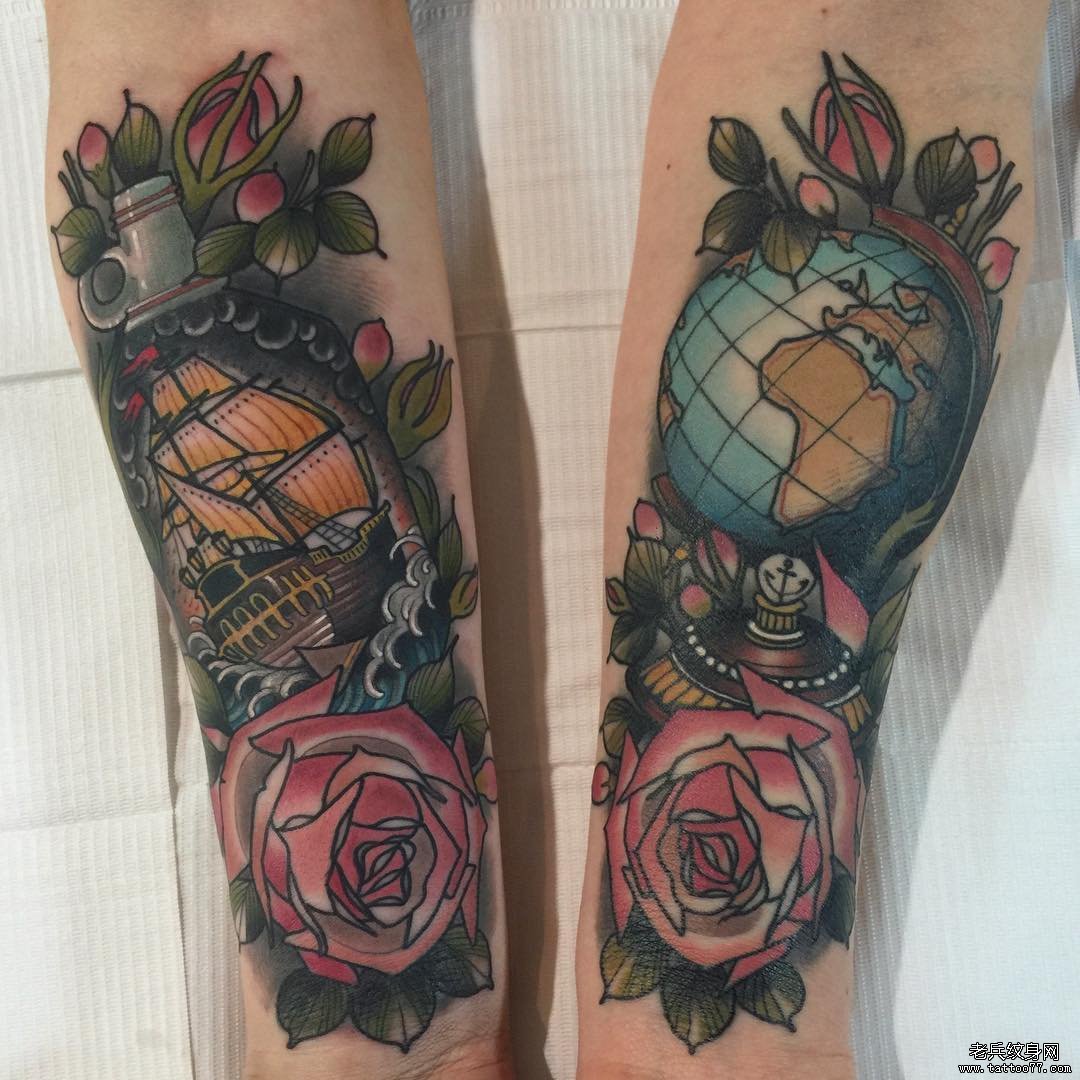 手臂欧美school帆船玫瑰地球仪纹身图案