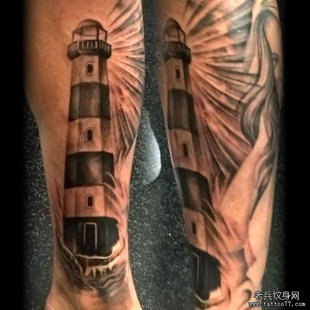 欧美风小腿灯塔黑灰纹身图案